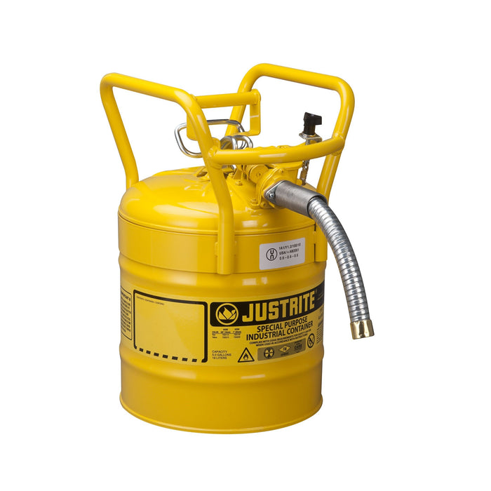 Justrite 7350230 Type II AccuFlow D.O.T. Steel Safety Can, 5 Gallon, 1-Inch Metal Hose, Roll Bars, Yellow