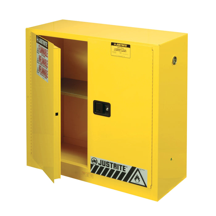 Justrite Flammable Safety Cabinet, 30 gallon, 44 inch Height, 2 Manual-Close Doors, Yellow