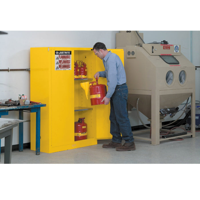 Justrite Flammable Safety Cabinet, 60 gallon, 2 Manual-Close Doors, Yellow