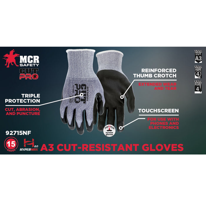 ANSI A3 Cut Pro / Cut Resistant Gloves, 15 Gauge Hypermax Shell, Cut, Abrasion and Puncture Resistant Work Gloves with Nitrile Foam Coated Palm and Fingertips, 92715NF