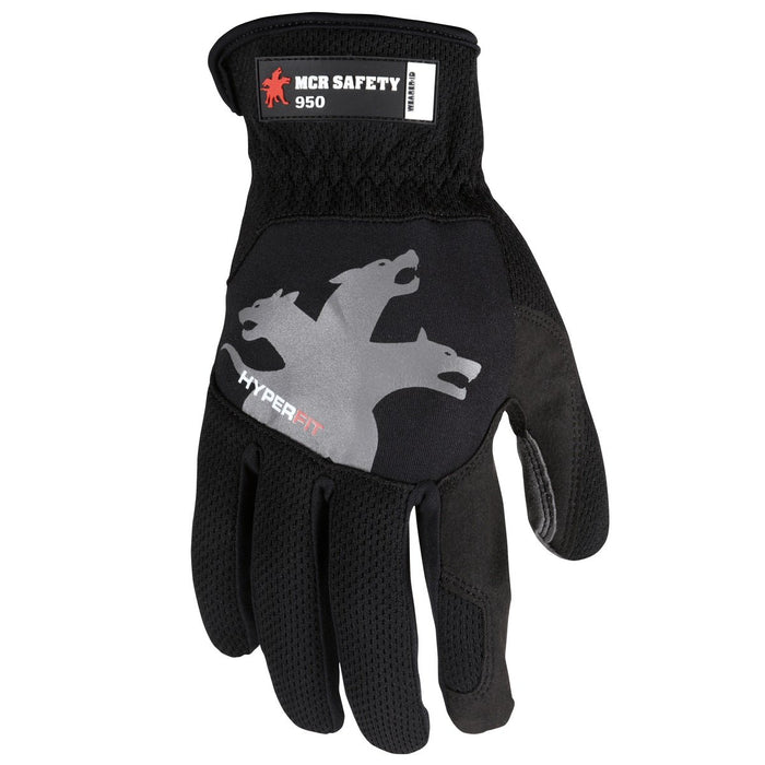 MCR Safety HyperFit Mechanics Style Work Gloves with Synthetic Leather Palm, Slip on Cuff (1 Pair)