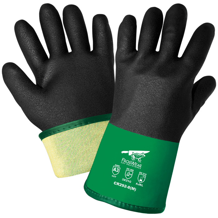 Frogwear CR292 Double Dipped PVC & Nitrile Blended Work Gloves, Chemical Resistant, ANSI A3 Cut Resistant, 12" Length with Sandpaper Finish