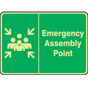 "EMERGENCY ASSEMBLY POINT" - Glow-In-The-Dark Vinyl Safety Sign with Adhesive Back, Lumi-Glow Flex, 14"x20"