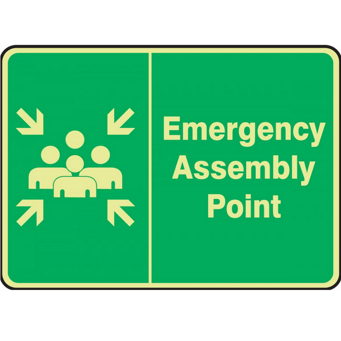 "EMERGENCY ASSEMBLY POINT" - Glow-In-The-Dark Vinyl Safety Sign with Adhesive Back, Lumi-Glow Flex, 14"x20"