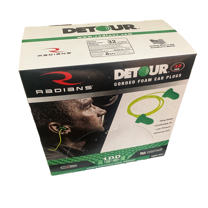 Radians Detour FP31, Green Corded Foam Earplugs NRR (Noise Reduction Rating) 32 Decibels