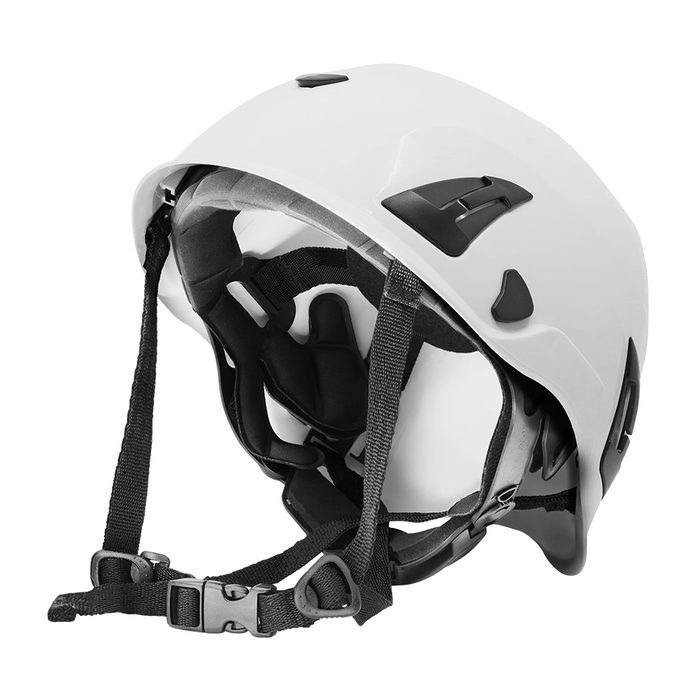 White Climbing Style Protective Helmet with Six-Point Ratchet Suspension and Four-Point Chin Strap - HH-CH1-W