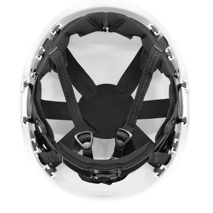 White Climbing Style Protective Helmet with Six-Point Ratchet Suspension and Four-Point Chin Strap - HH-CH1-W