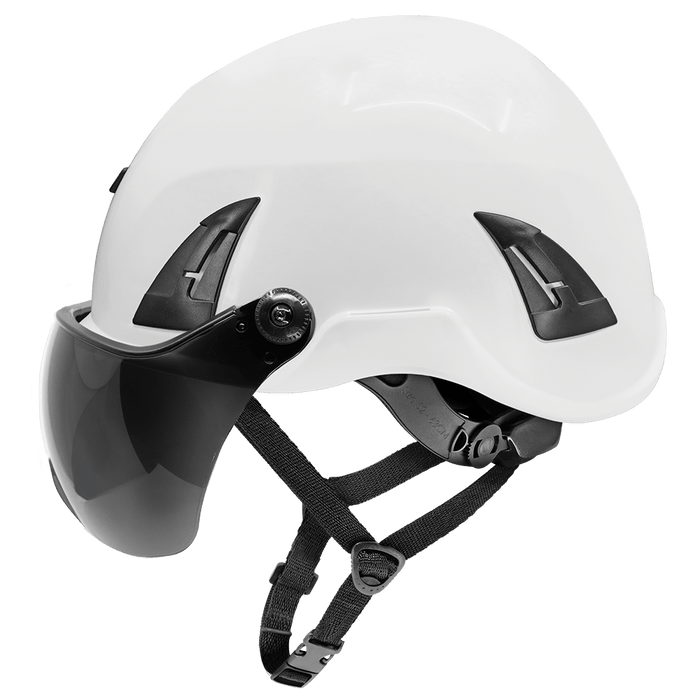 White Climbing Style Protective Helmet with Six-Point Ratchet Suspension and Four-Point Chin Strap - HH-CH1-W