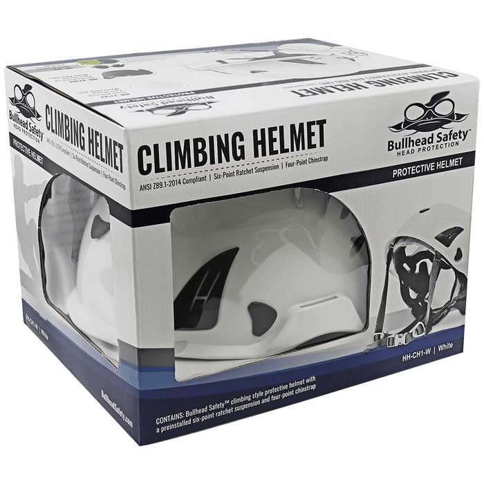 White Climbing Style Protective Helmet with Six-Point Ratchet Suspension and Four-Point Chin Strap - HH-CH1-W