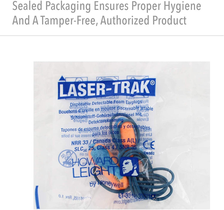 Howard Leight Laser Trak LT-30 Metal Detectable Foam Earplugs, Corded, NRR (Noise Reduction Rating) 33 Decibels / 100 Pair/Box
