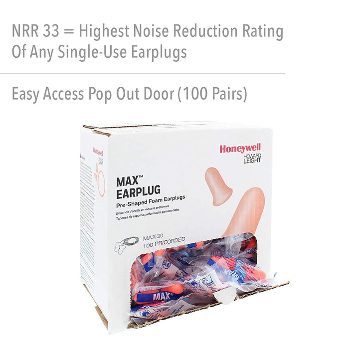 Howard Leight Max-30 Corded Foam Earplugs NRR (Noise Reduction Rating) 33 Decibels / 100 Pair/Box