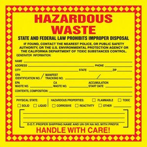"HAZARDOUS WASTE" Label, Adhesive Coated Paper, 6"x6" (250 Labels per Roll)