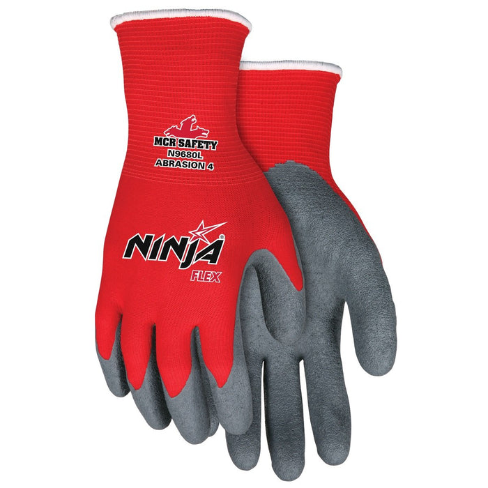 Ninja Flex Work Gloves, 15 Gauge Red Nylon Shell, Gray Latex Palm and Fingers, N9680