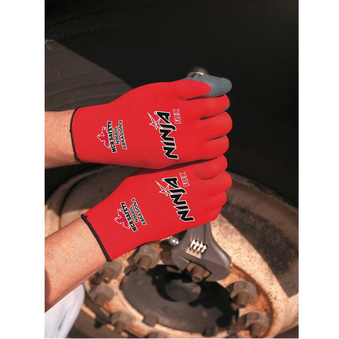 Ninja Flex Work Gloves, 15 Gauge Red Nylon Shell, Gray Latex Palm and Fingers, N9680