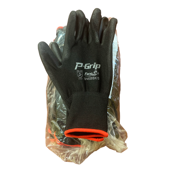 P-Grip Black Nylon/Polyurethane General Purpose Work Gloves with Black PU Coating, (12 Pairs / 1 Dozen)
