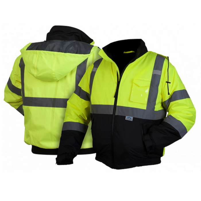 Pyramex RJ32 Series Bomber Jacket, Hi-Vis Lime with 2" Silver Reflective Striping, Insulated, ANSI Type R Class 3