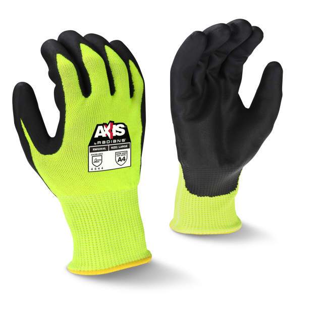 Radians RWG564 AXIS ANSI Cut Protection Level A4 Black Foam Nitrile Coated Work Glove, Hi-Vis Green