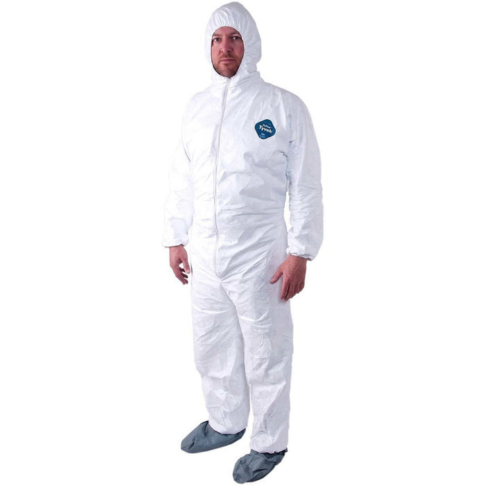 DuPont TY122S Dispoable Tyvek Coverall with Zipper Front, Elastic Wrists and Ankles with Attached Hood and Boots