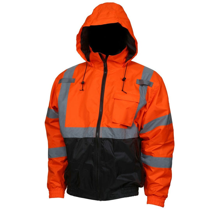 Two Tone Value Bomber Jacket, Class 3,  Quilted Rain Jacket, Fluorescent Orange / Black with Silver Reflective Stripes
