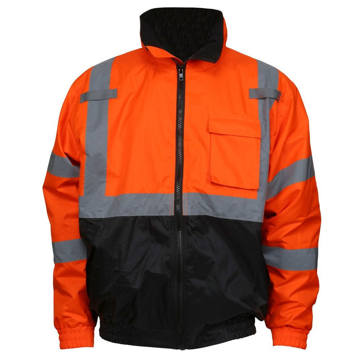 Two Tone Value Bomber Jacket, Class 3,  Quilted Rain Jacket, Fluorescent Orange / Black with Silver Reflective Stripes