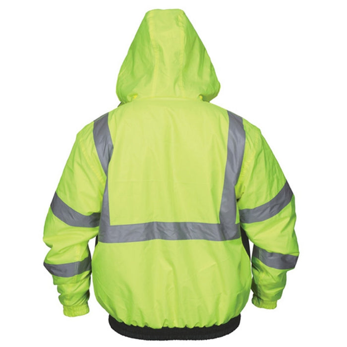 Two Tone Safety Bomber Jacket, Class 3, Quilted Rain Jacket, Fluorescent Lime/Black with Silver Reflective Stripes