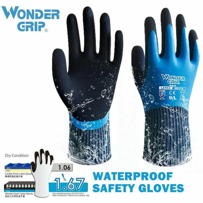 Wonder Grip WG-318 Aqua, 100% Waterproof Work Gloves, Double Dipped Latex - Fully Coated Glove (1 Pair)
