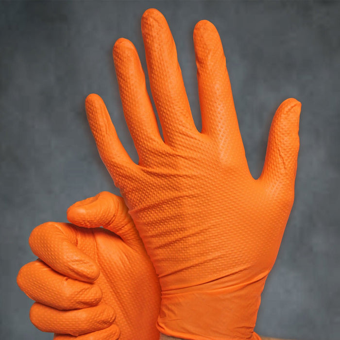 CATCH Nitrile Disposable Gloves with Pyramid Grip Texture, Industrial, Powder-Free, Orange, 9 mil (Box of 100) - BHP Safety Products